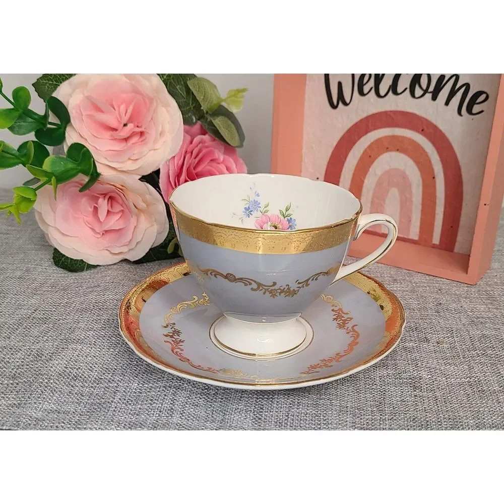 Vintage Gladstone‎ Bone China Teacup & Saucer Grey Floral Gold Gilt England